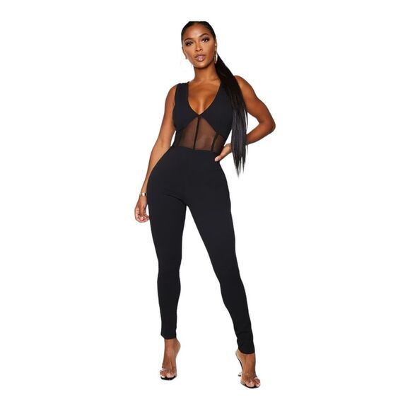 Pretty little thing size 6 Shape Black Mesh Panel Jumpsuit. Black - Picture 1 of 11